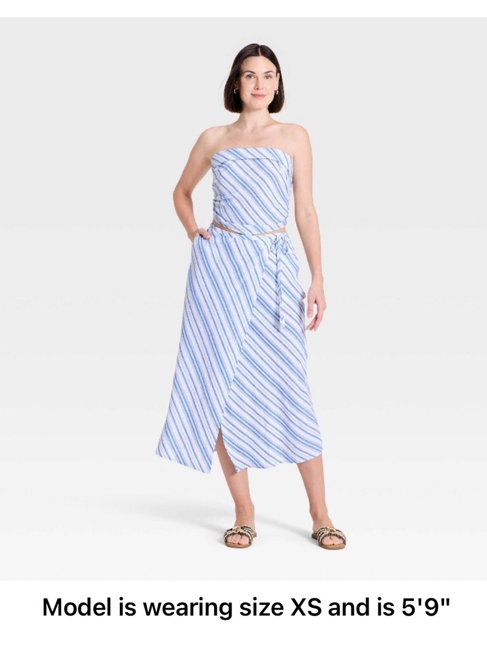 a new day Blue & White Striped Linen Midi Wrap Skirt XS NEW 2026 High Rise Tie
